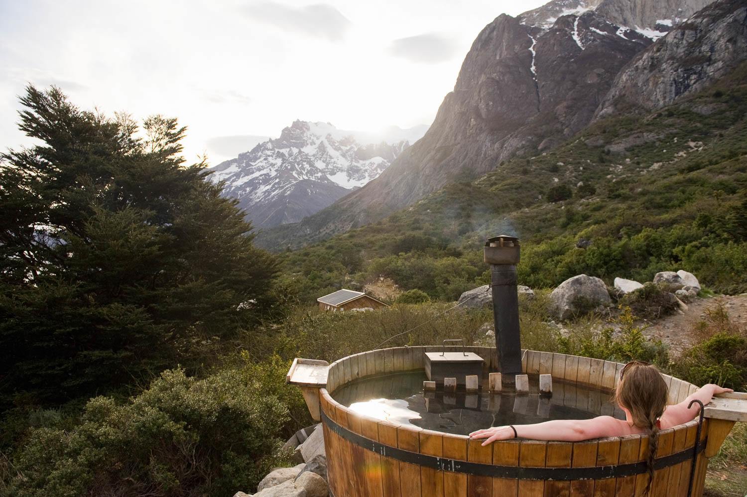 woman in hot tub, Patagonia, Chile